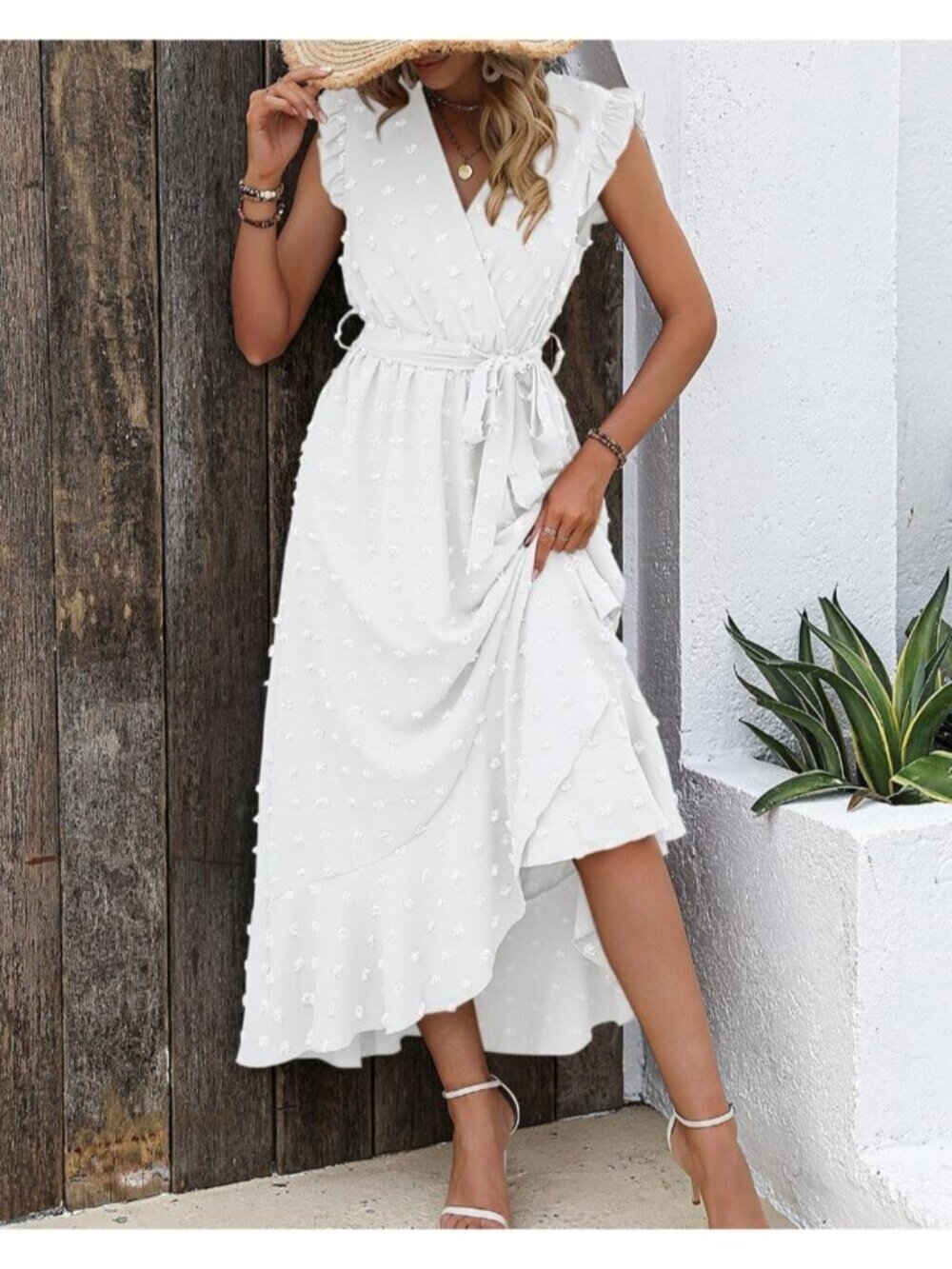 Women's White Swiss Dot Cap Sleeve V Neck Tie Waist Imported Causal Maxi Dress - Picture 2 of 6